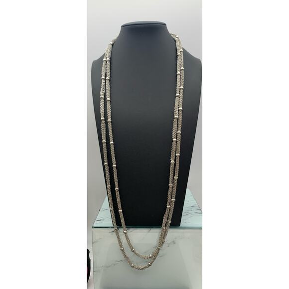 Silver Tone Double Layered Mesh Chain Mail Ball Bead Station Necklace - Picture 2 of 6